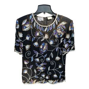 Vintage Stenay SZ PM 100% Silk Beaded Sequin Top 80s 90s Floral Glam New Years
